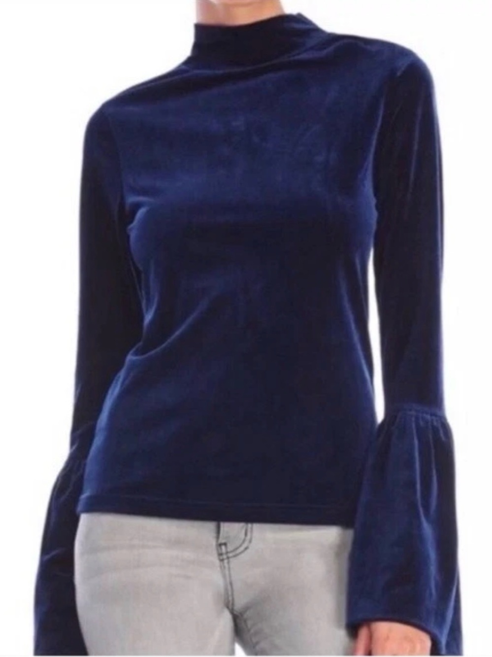 Torn by Ronny Kobo Navy Blue Velvet Mock Neck Bell Sleeve Top Size M